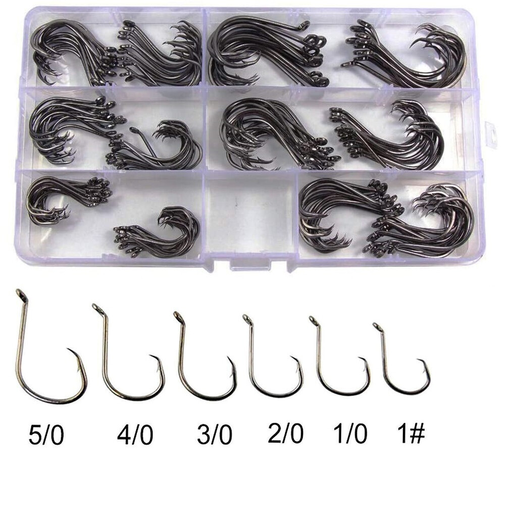 160 Offset Circle Fishing Hooks/Box - Black High Carbon Steel: Sizes #1-5/0