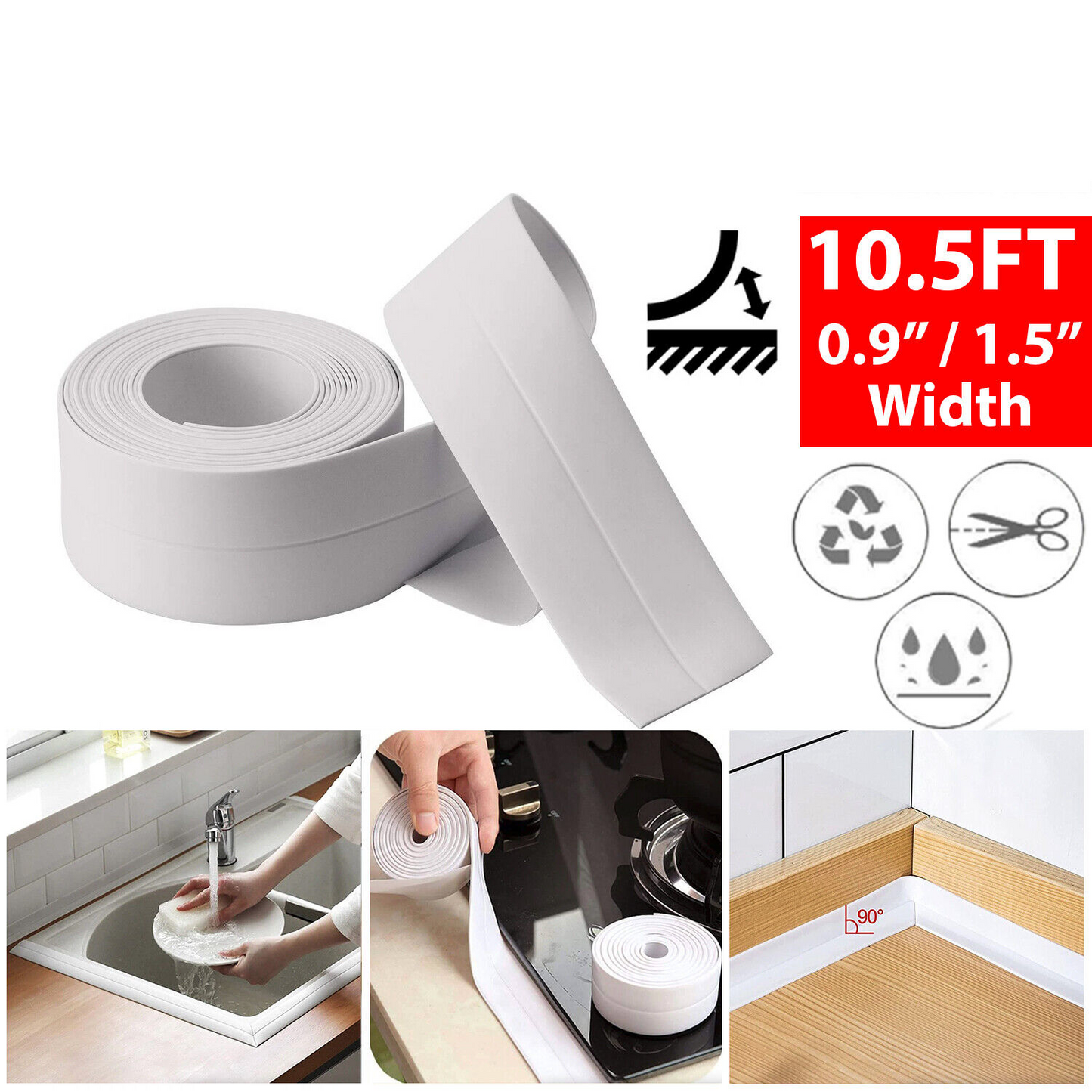 10.5FT PVC Self Adhesive Caulk Sealing Strip Tape for Kitchen Wall Sink Toilet
