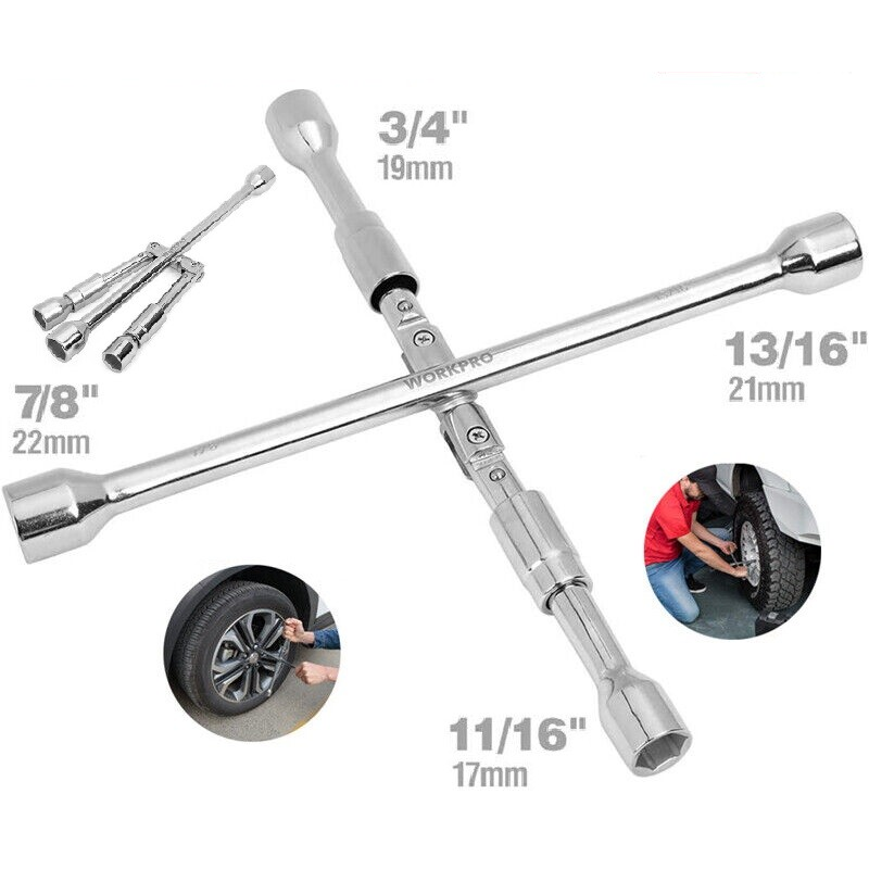 14-Inch Folding Lug Wrench Iron Compact 4-Way Cross Wheel Brace Wrench