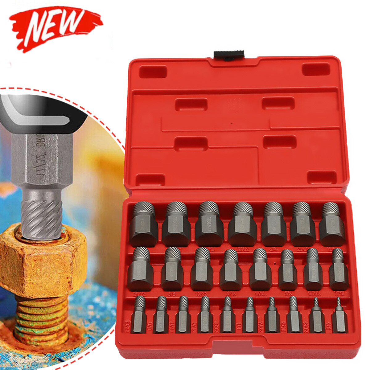 25PCS Multi-Spline Screw Extractor Set Hex Head Bit Socket Wrench Bolt Remover