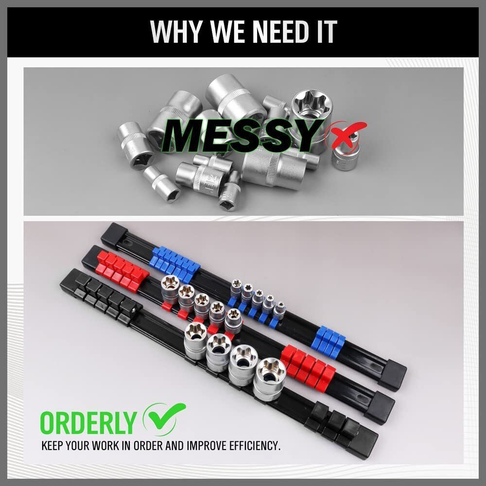 Heavy-Duty 9PCS ABS Socket Rail Holder – Wall Mount for 1/2", 3/8", 1/4" Drives