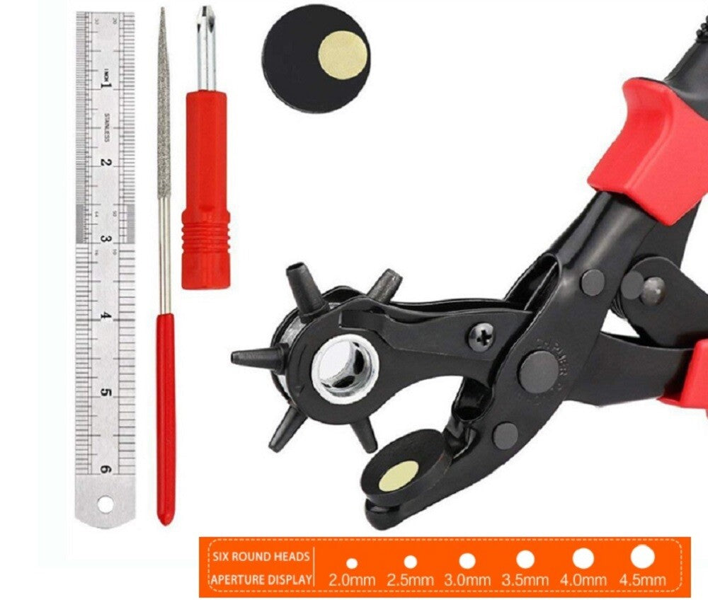 10″ Heavy-Duty Leather Hole Punch Pliers – 6-Size Belt & Strap Punch Tool