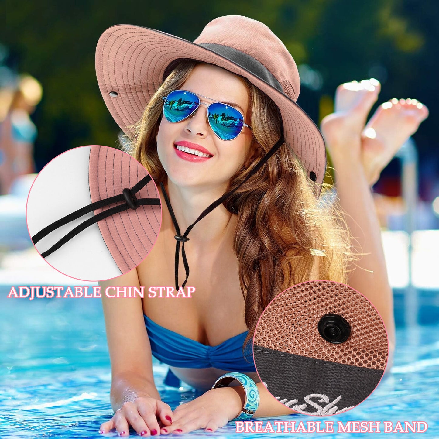 Summer Bucket Hat Boonie Women Ponytail Cap Wide Brim Sun UV Protection Travel