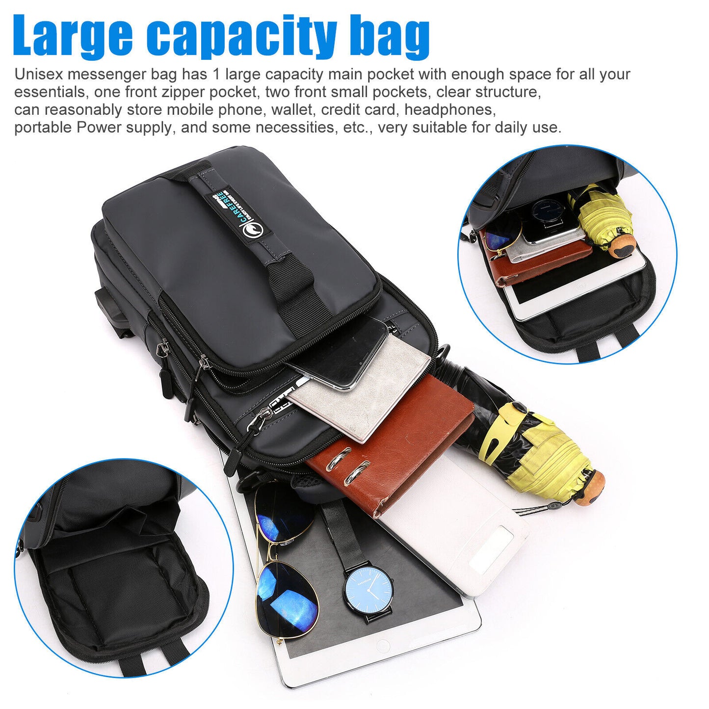 Anti-Theft Men'S Sling Crossbody Bag Chest Shoulder Messenger Backpack USB Port