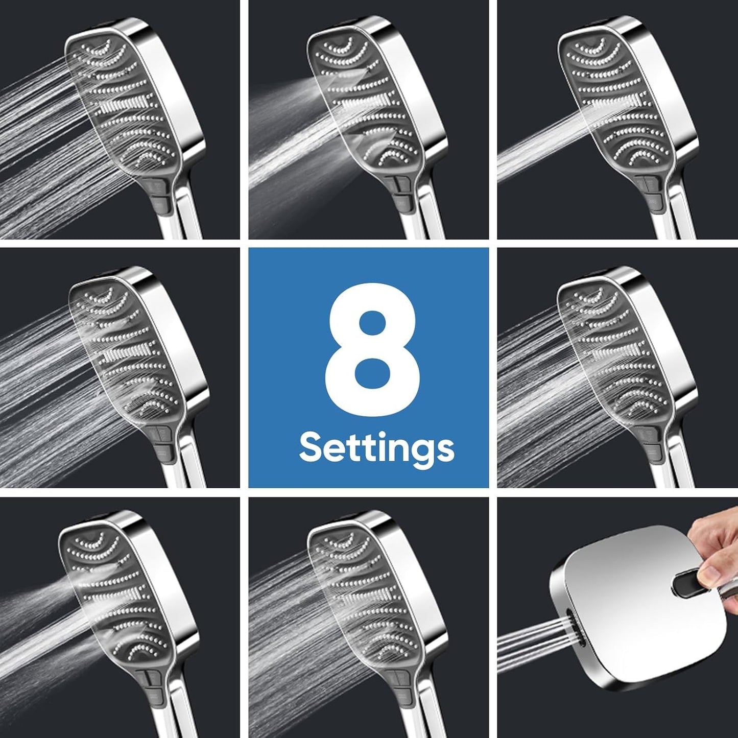 High Pressure Shower Head 8 Settings Handheld Shower Spray with 5 FT Hose+Holder