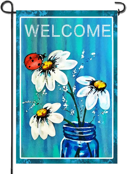 Premium Garden Flag Spring Summer Daisy Jar and Ladybug Welcome Decorative Garden Flags  18 x 12.5 Inch