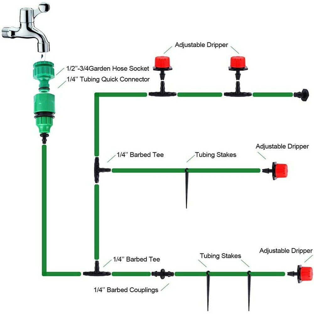 Drip Irrigation System Plant Timer Self Garden Watering Spray Hose Kit 100Ft/30M