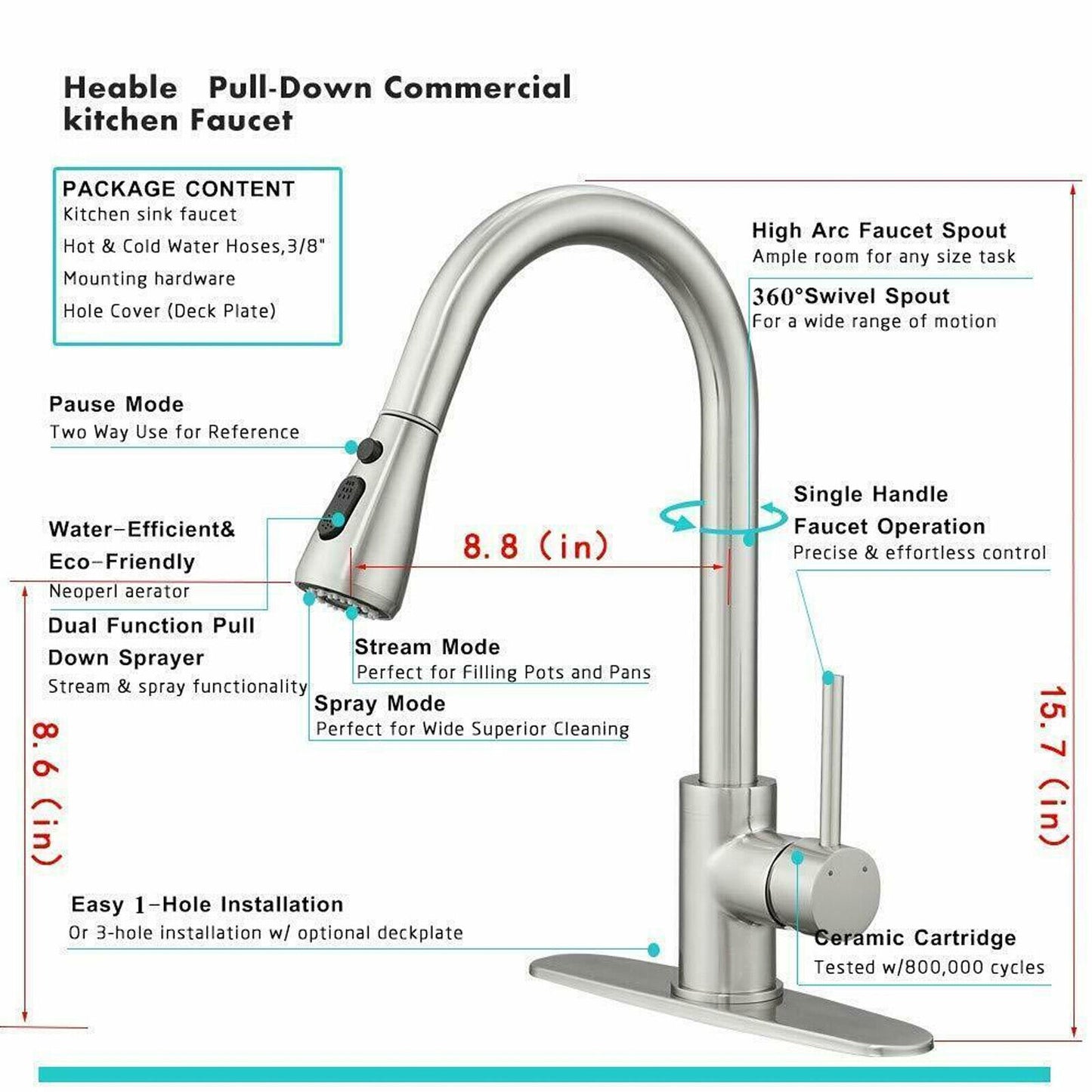 Kitchen Sink Faucet Brushed Nickel Single Handle Swivel Pull down Sprayer Mixer