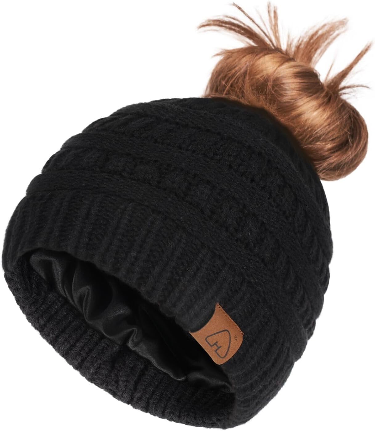 Beanie Hat Hair Ponytail Beanie Messy Bun Knit Skull Cap for Women Silk Lined Winter Hat