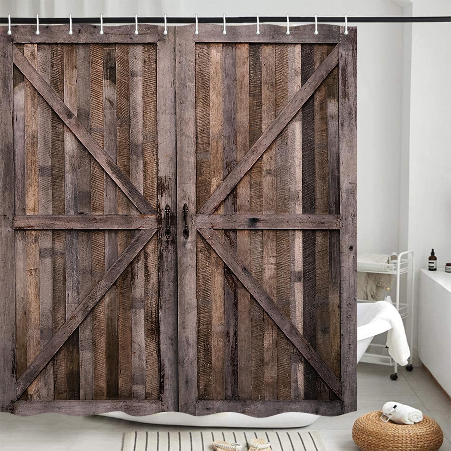 Rustic Wooden Barn Door Shower Curtains Waterproof Polyester Durable Cloth with Hooks,72x72