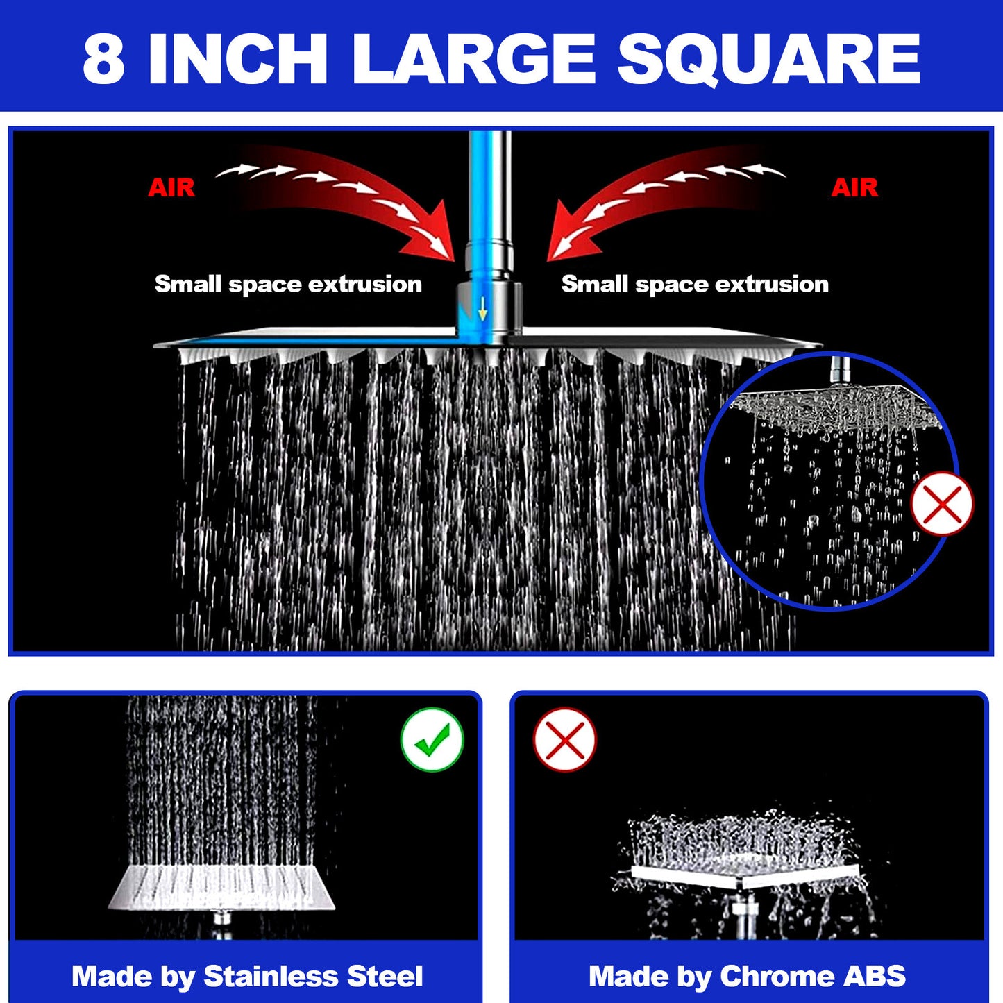 8'' High Pressure Square Rain Shower Head with Adjustable Handheld Spray Combo