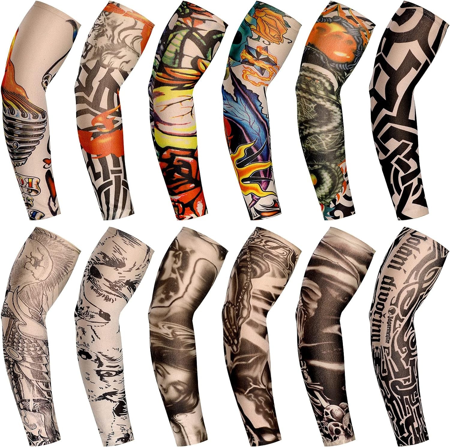 12 Pcs Fake Arm Sleeves Tattoo Sleeves Set Cover Realistic Soft Elasticity Arm Protection for Men Women 