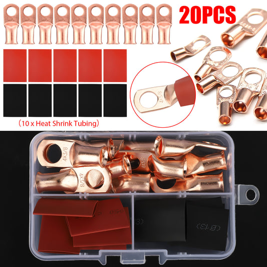 20Pcs 4 AWG Gauge Copper Lugs W/ BLACK & RED Heat Shrink End Ring Terminals Wire