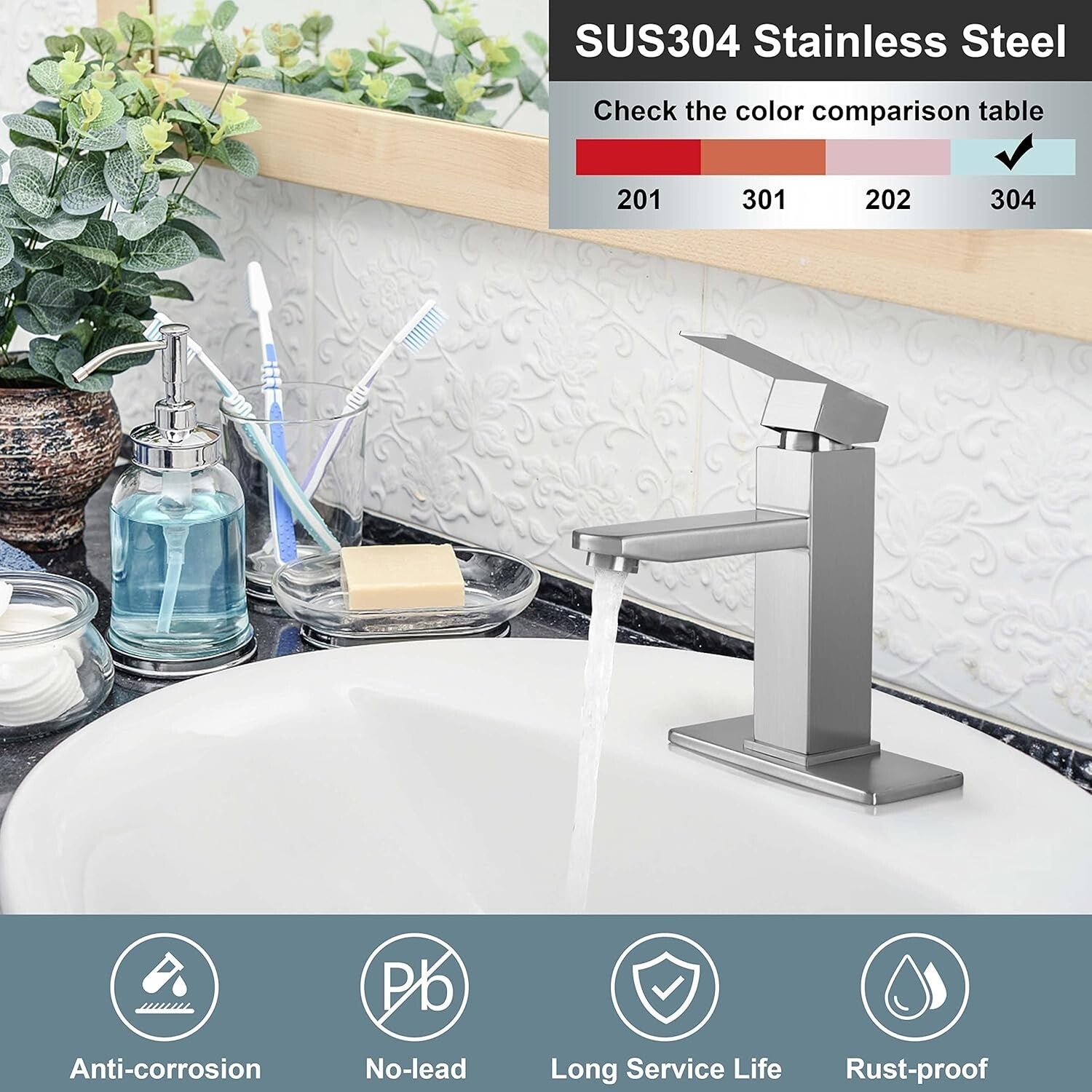 Bathroom Faucet with Drain & Hooks, Brushed Nickel Bathroom Faucets for Sink 1 O