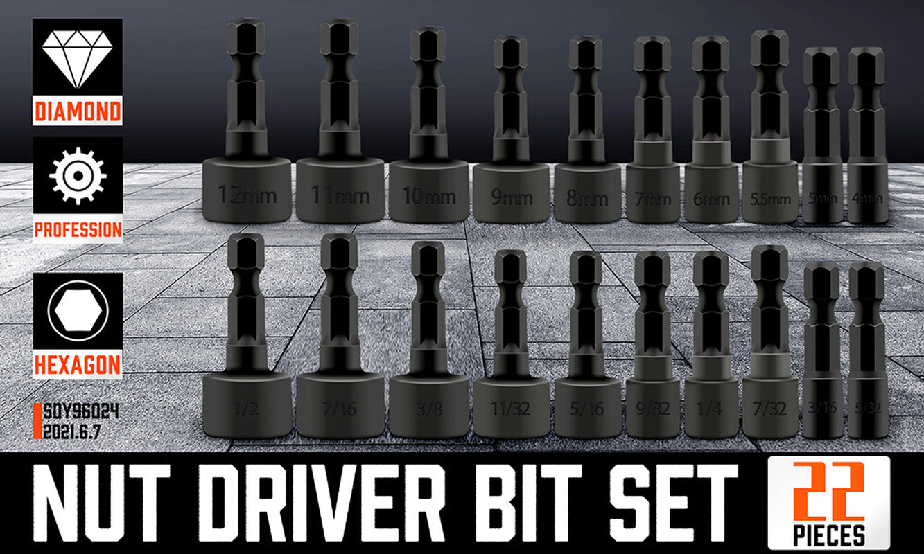 22PCS Power Nut Driver Bit Set Quick Change MM & SAE Impact 1/4" Hex Shank