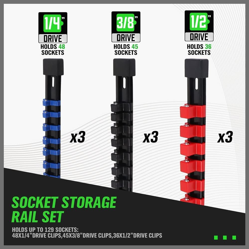 Heavy-Duty 9PCS ABS Socket Rail Holder – Wall Mount for 1/2", 3/8", 1/4" Drives