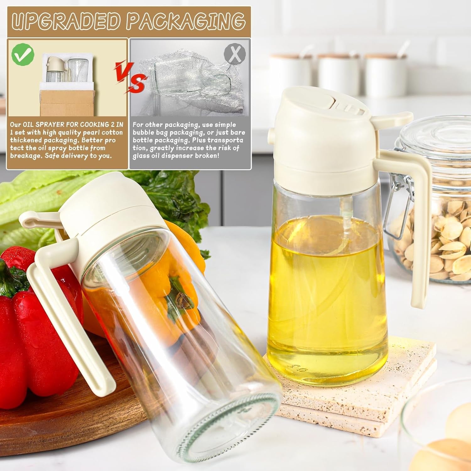 Oil Sprayer for Cooking 2Pcs,2 in 1 Oil Dispenser and Oil Sprayer Kitchen Gadgets-16Oz Glass Oil Spray Bottle,Mist Olive Oil Dispenser for Kitchen,Air Fryer,Salad, Grill (White Kitchen Accessories)