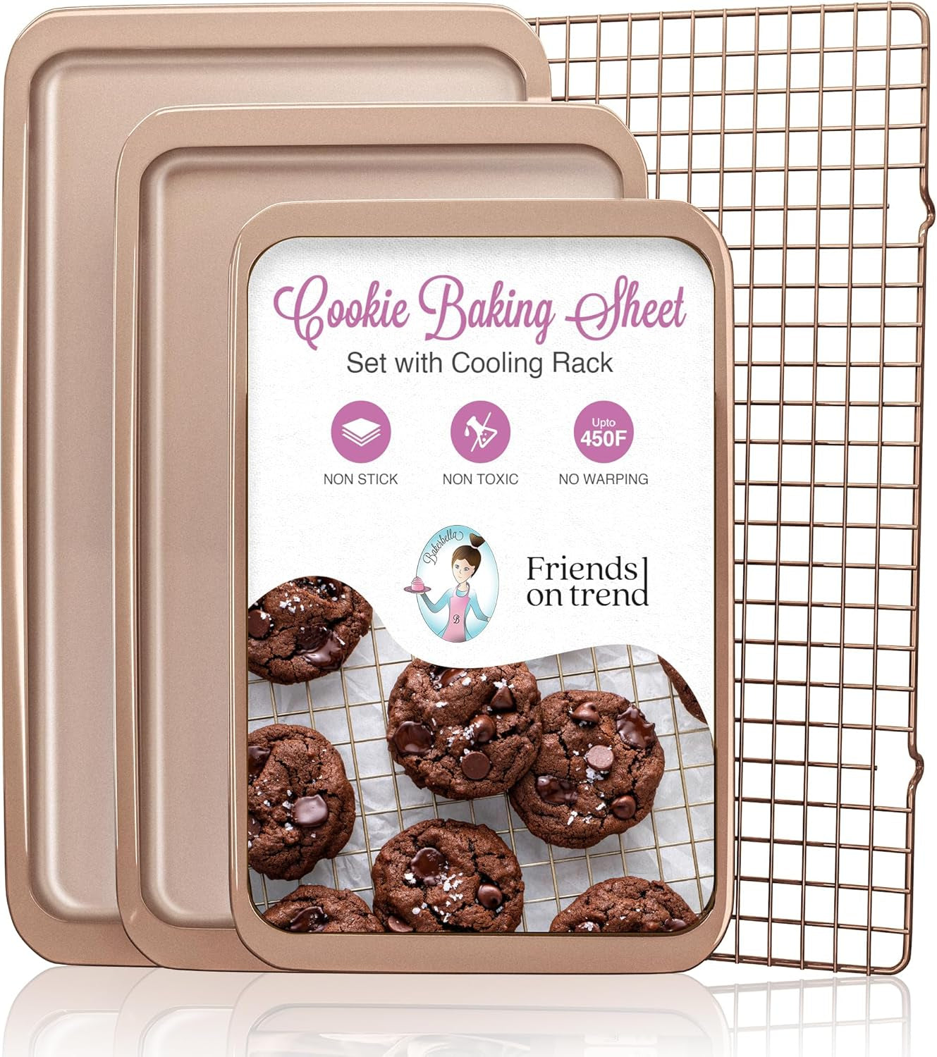 3-Piece Non-Stick Cookie Sheet Set with Cooling Rack, Half/Quarter/Jelly Roll Pans, Oven Safe