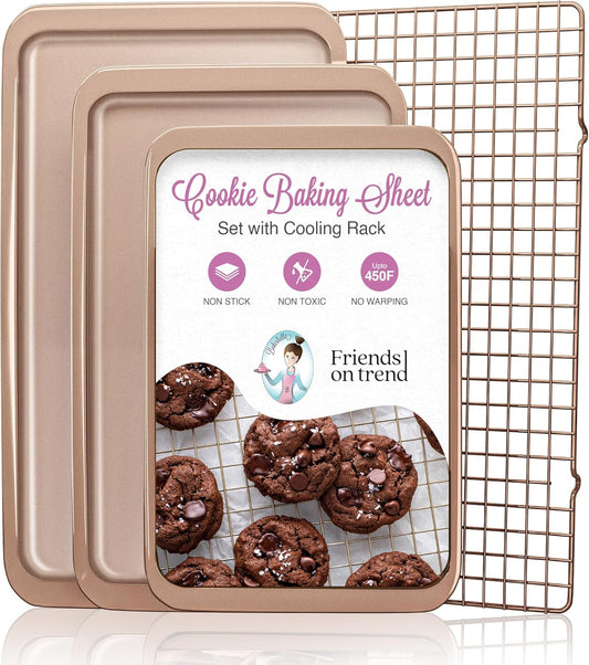 3-Piece Non-Stick Cookie Sheet Set with Cooling Rack, Half/Quarter/Jelly Roll Pans, Oven Safe