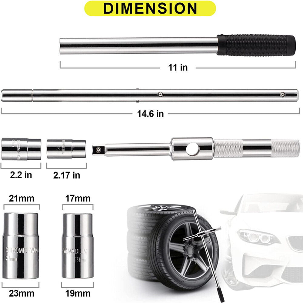 23" Universal Extended Lug Wrench, 4 Way Tire Iron Nut Wrench Set W/Socket