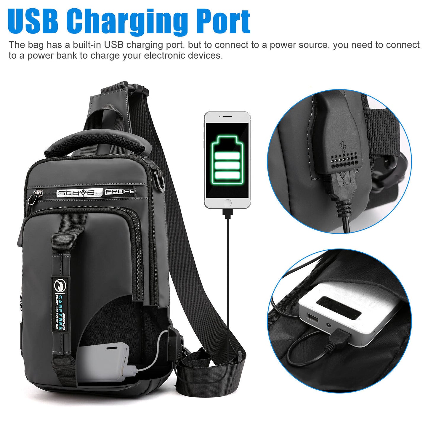 Anti-Theft Men'S Sling Crossbody Bag Chest Shoulder Messenger Backpack USB Port