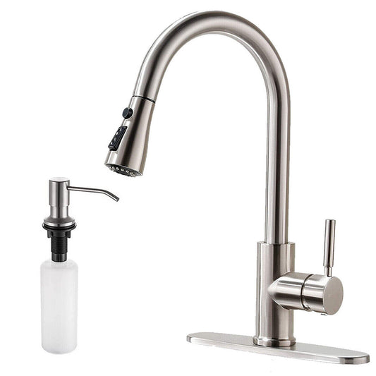 Kitchen Sink Faucet Brushed Nickel Single Handle Swivel Pull down Sprayer Mixer