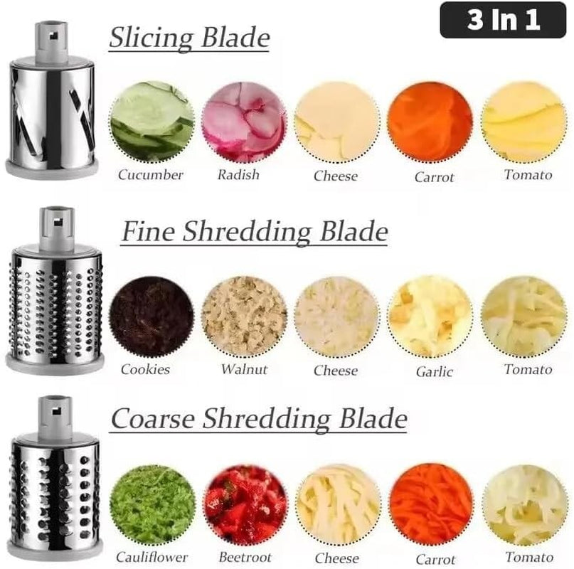 3-In-1 Manual Rotary Cheese & Vegetable Grater – Stainless Steel Blades with Suction Base