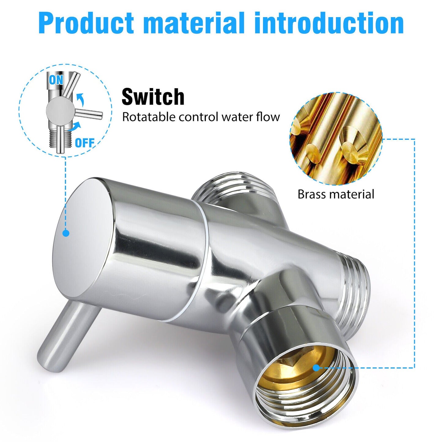 3 Way T-Adapter Chrome for Shower Head Arm Mount Diverter Valve Splitter G1/2"
