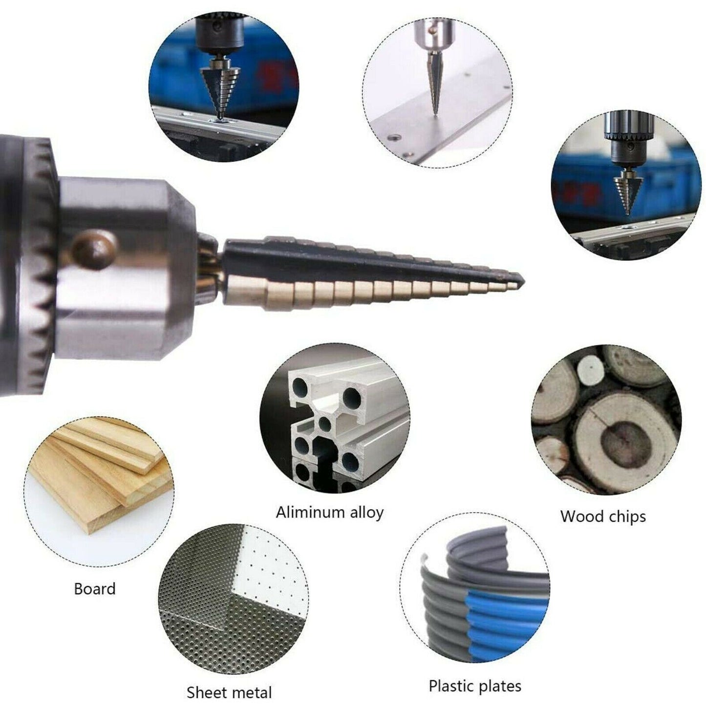 6PCS Titanium Coated Step Drill Bit Set with Automatic Center Punch – Multi-Size High-Speed Steel
