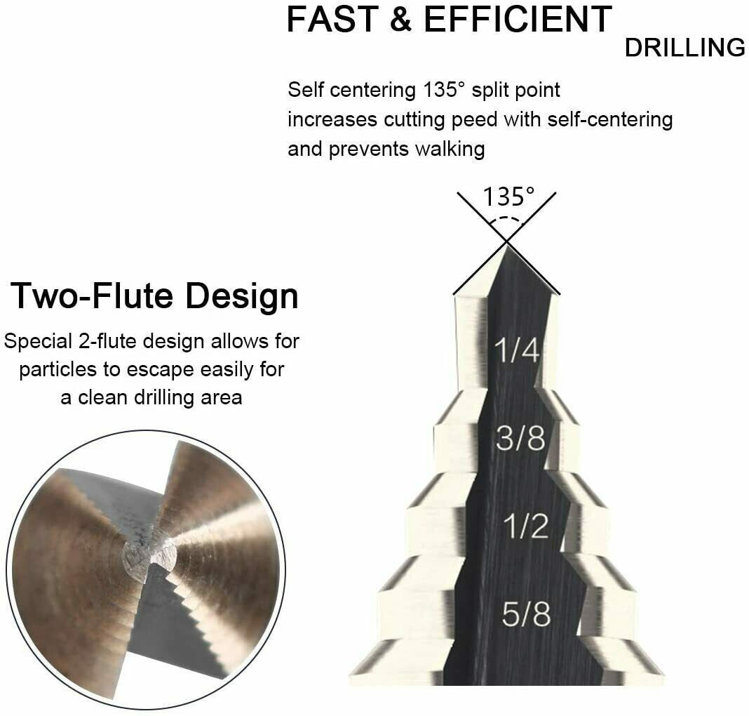 6PCS Titanium Coated Step Drill Bit Set with Automatic Center Punch – Multi-Size High-Speed Steel