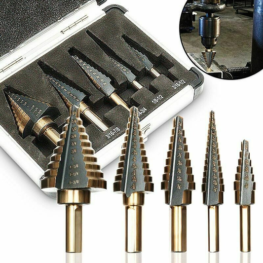 6PCS Titanium Coated Step Drill Bit Set with Automatic Center Punch – Multi-Size High-Speed Steel
