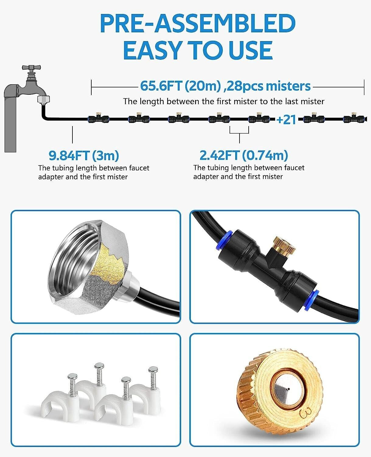 Misting Cooling System 59FT (18M) Misting Line + 20 Brass Mist Nozzles Garden