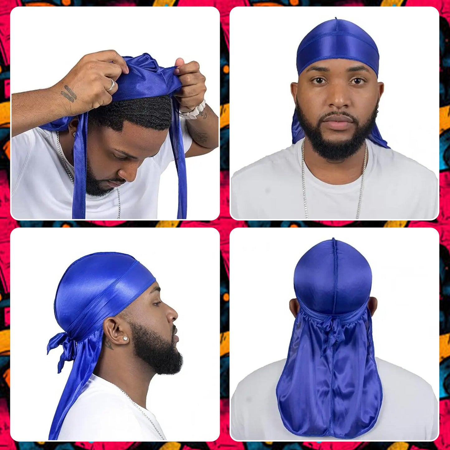5PCS Silky Durag Caps Wave Wide Strap Headwraps Long Tail Turban Beanies for Men, Women, Multicoloured