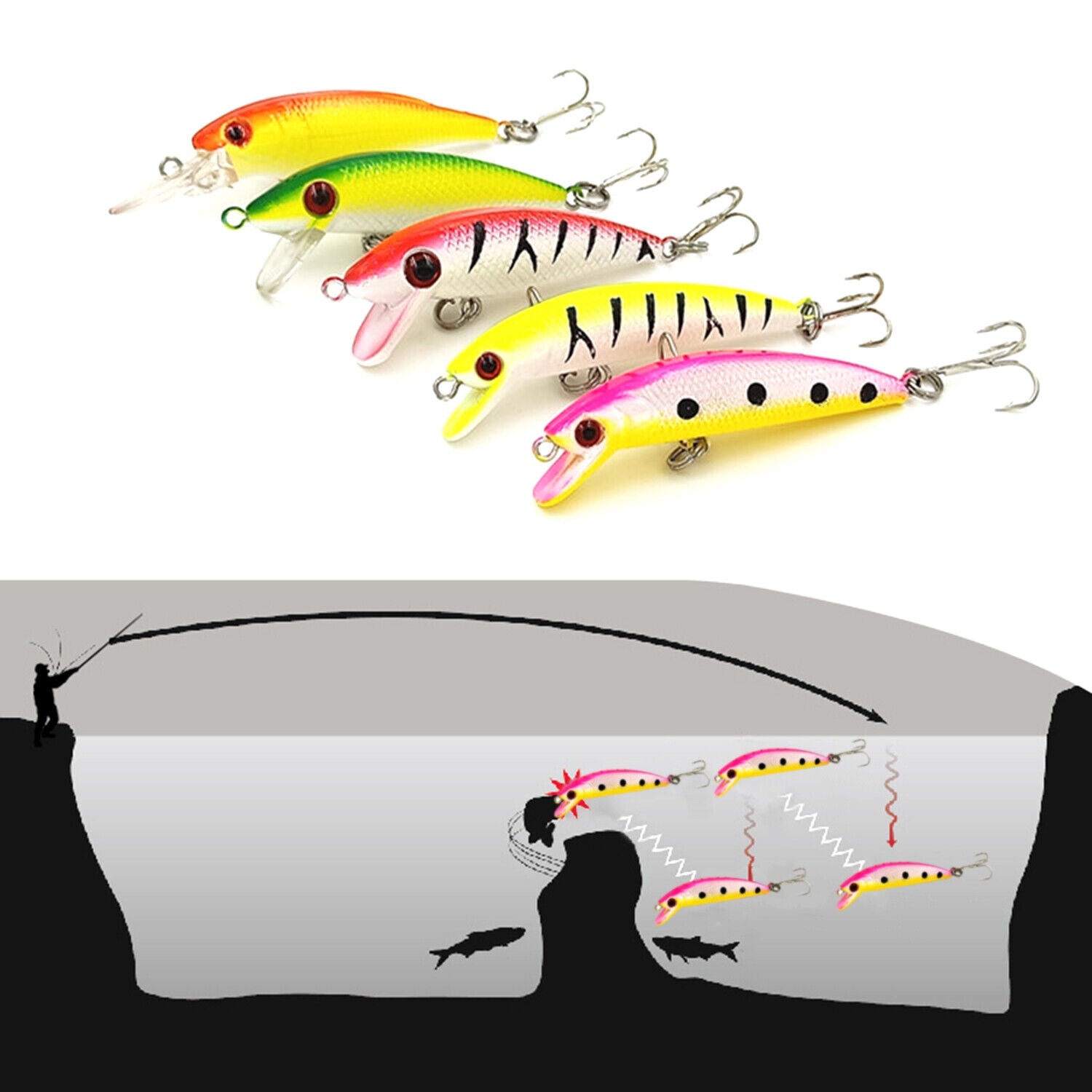 30PCS Kinds of Fishing Lures Crankbaits Hooks Minnow Baits Bass Tackle Crank Set