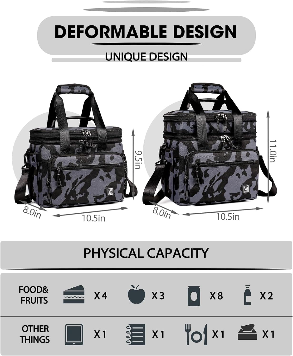 Double Deck Large Lunch Box Expandable Black Adult Lunch Box with Shoulder Strap 24 cans Adult Lunch Bag, Womens Lunch Bags for Work Travel Hiking