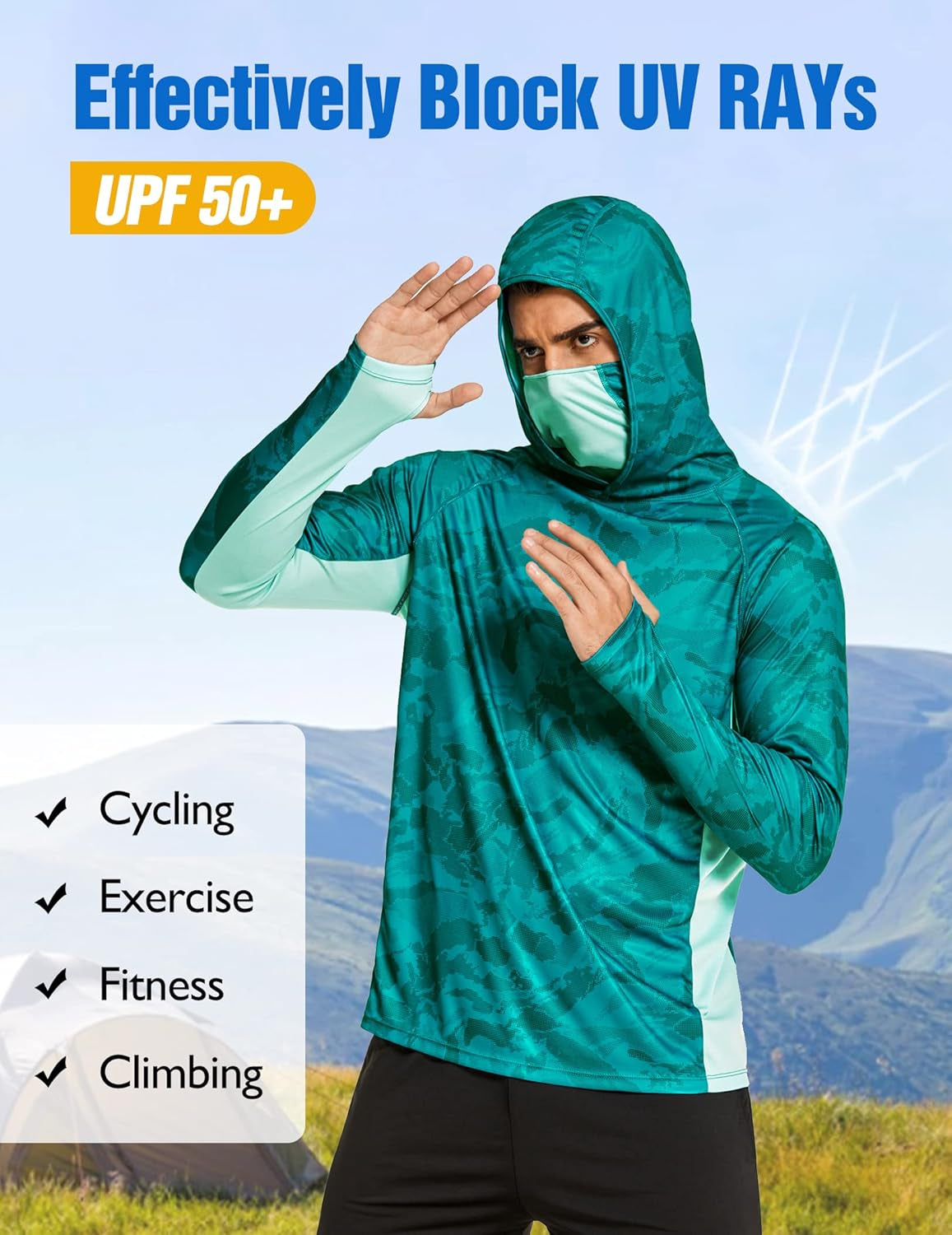 Men'S Hooded Sun Shirts with Mask Fishing Shirts for Men Long Sleeve UPF 50 Rash Guards Cooling Hoodies Hiking Shirts