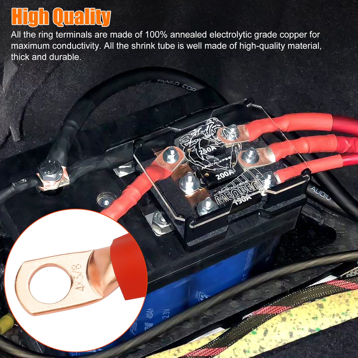 20Pcs 4 AWG Gauge Copper Lugs W/ BLACK & RED Heat Shrink End Ring Terminals Wire