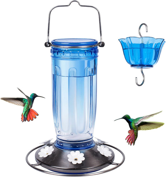 Glass Hummingbird Feeder for Outdoors Wild Bird Feeder with 6 Feeding Ports Hanging for Garden Yard, Blue (Ant Moat Included)