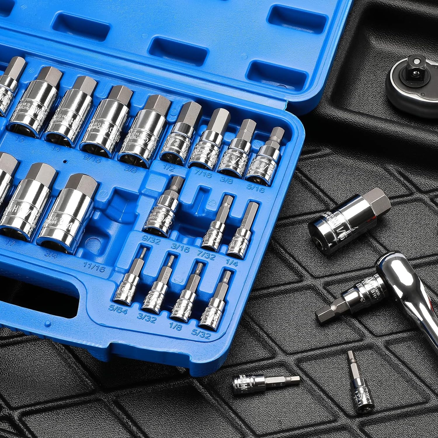 33PCS Master Hex Allen Bit Socket Set S2 & Cr-V Steel SAE and Metric 5/64-Inch to 3/4-Inch, 2mm to 19mm