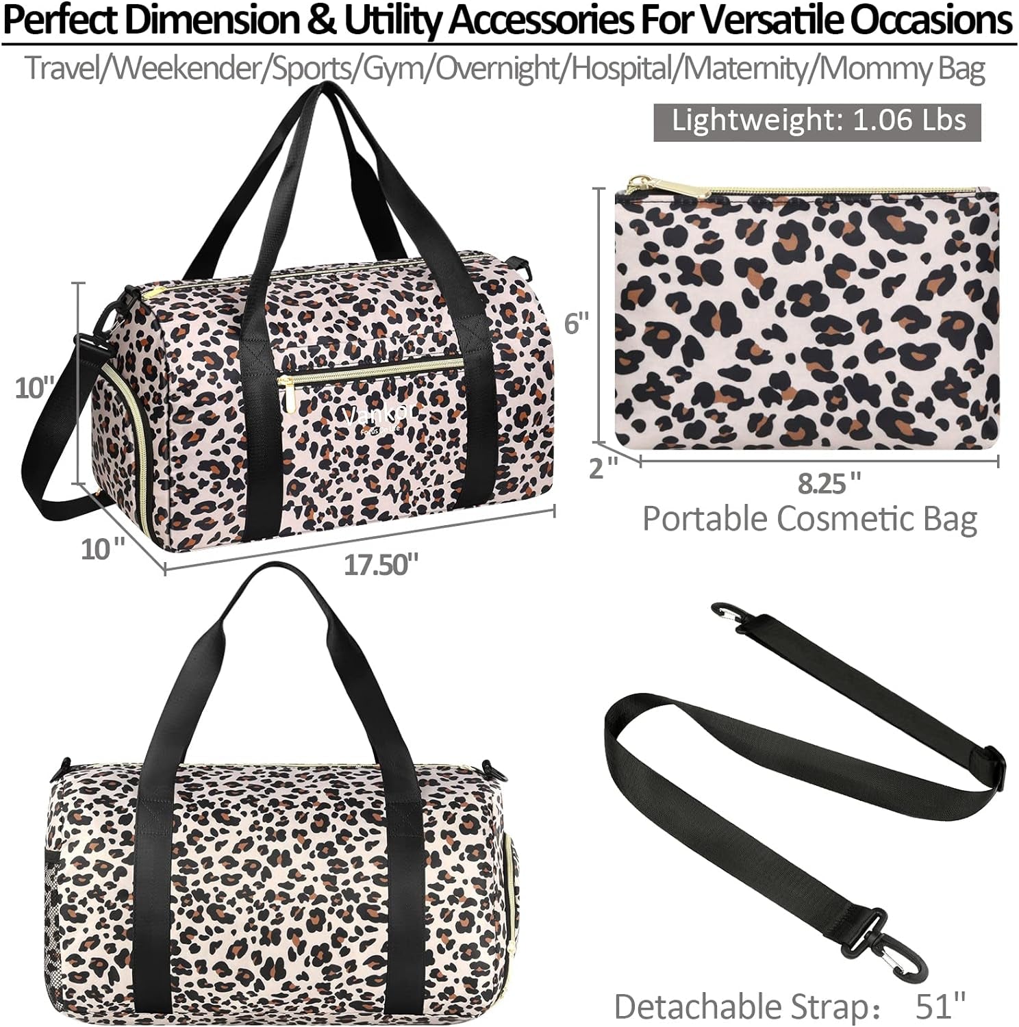 Sports Duffle Bag Gym Bag Leopard Print Duffle Bag with Shoe Compartment Waterproof