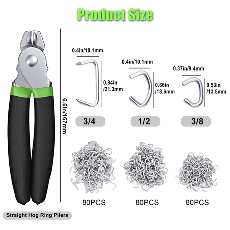 240Pcs Straight Hog Ring Pliers  3/4 1/2 3/8 Inch Rings Kit Upholstery Seat Cover