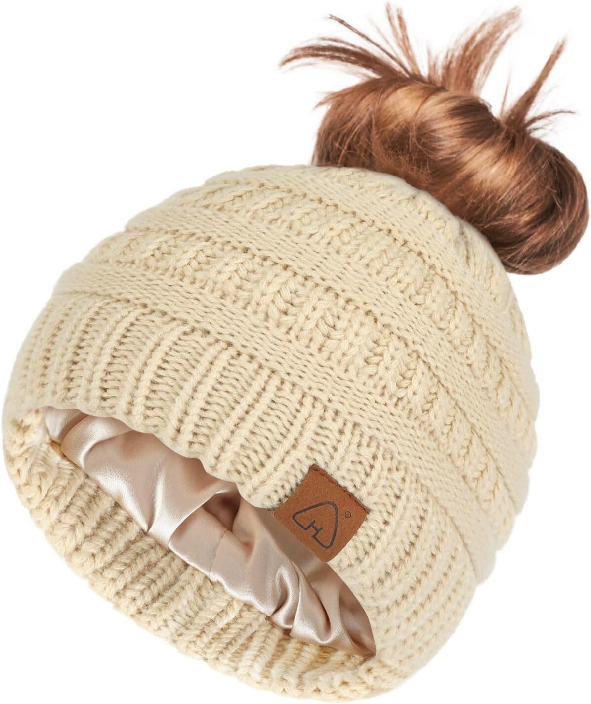 Beanie Hat Hair Ponytail Beanie Messy Bun Knit Skull Cap for Women Silk Lined Winter Hat