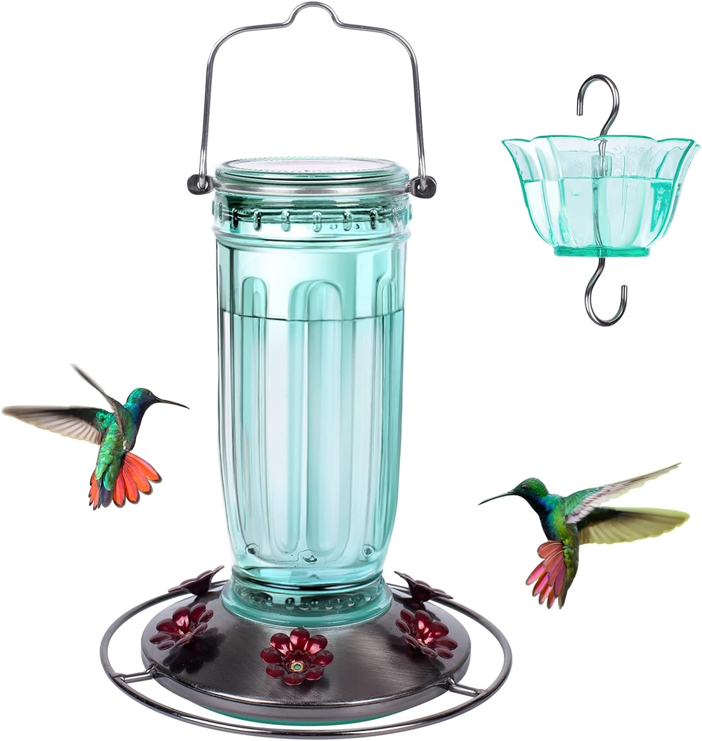 Glass Hummingbird Feeder for Outdoors Wild Bird Feeder with 6 Feeding Ports Hanging for Garden Yard, Blue (Ant Moat Included)