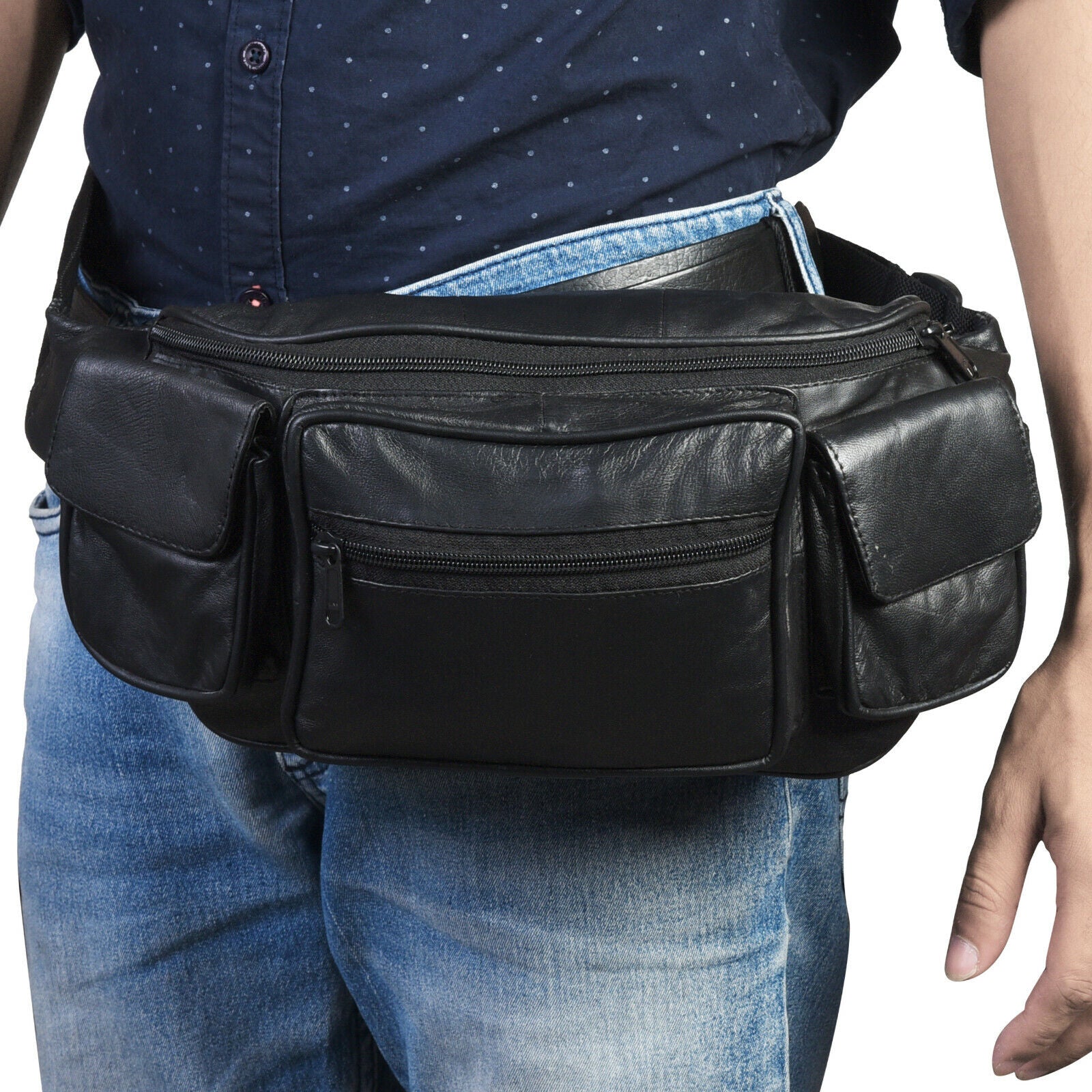 Large Black Solid Leather Waist Fanny Pack Belt Bag Travel Hip Purse