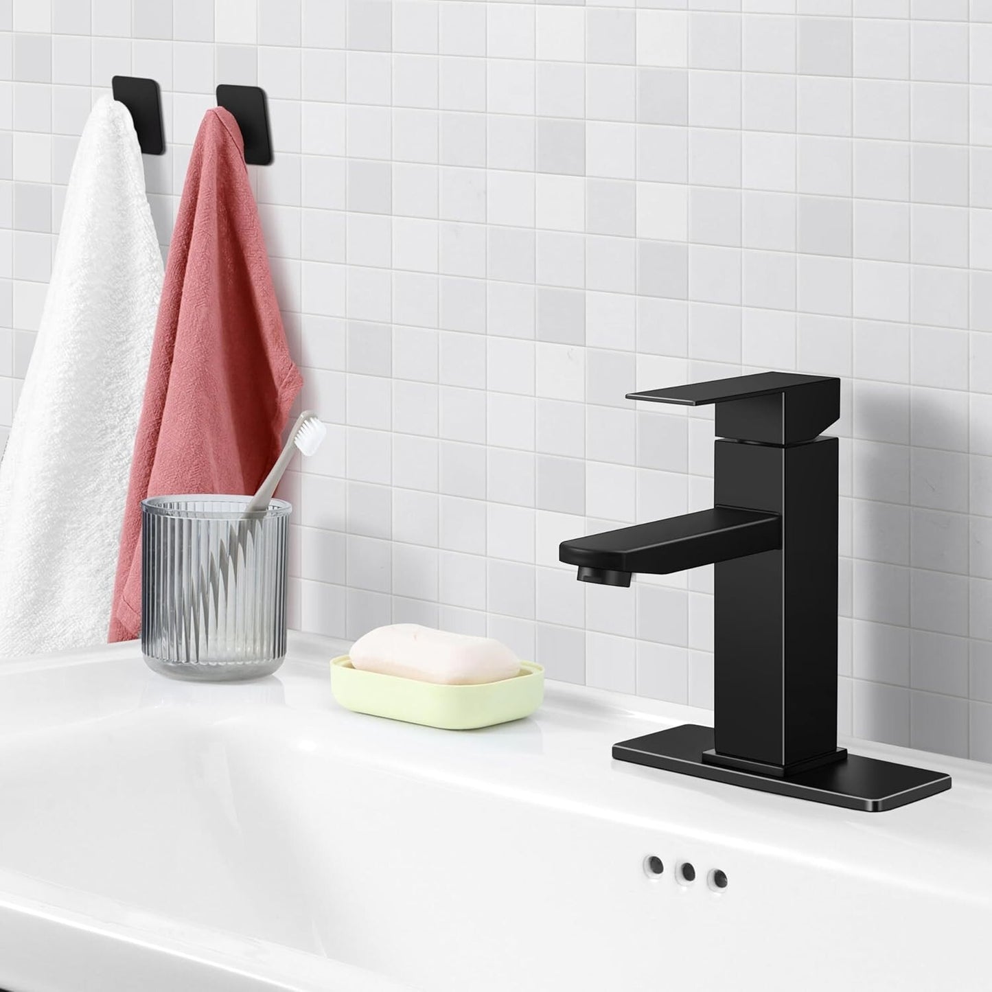 Bathroom Faucet with Drain & Hooks, Brushed Nickel Bathroom Faucets for Sink 1 O
