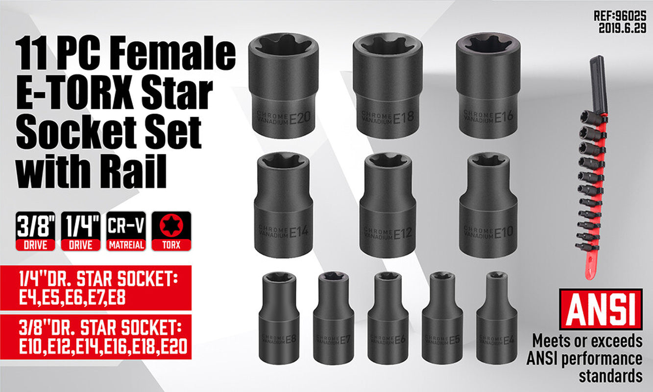 11-Piece Female E-Torx Star Socket Set with Rail | E4 to E20 | 1/4'' & 3/8'' Drive Torque Sockets