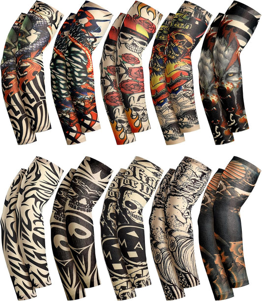 10 Pairs Men'S Cooling Arm Sleeves Temporary Tattoo Arm Sleeves Stylish Style Long Fingerless Arm Cover anti Slip UV Protection Sports 