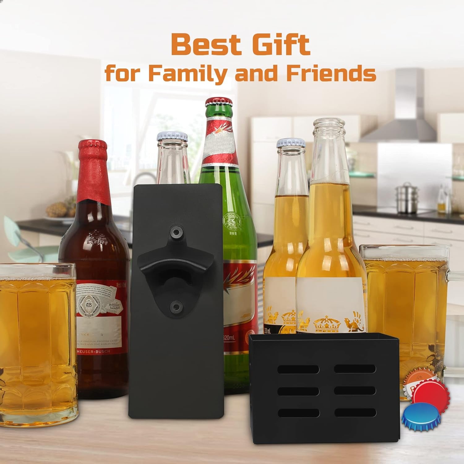 Magnetic Bottle Opener with Cap Catcher Wall Mounted Beer Bottle Opener for Fridge, Kitchen, Bar, Ideal Gift for Men Women