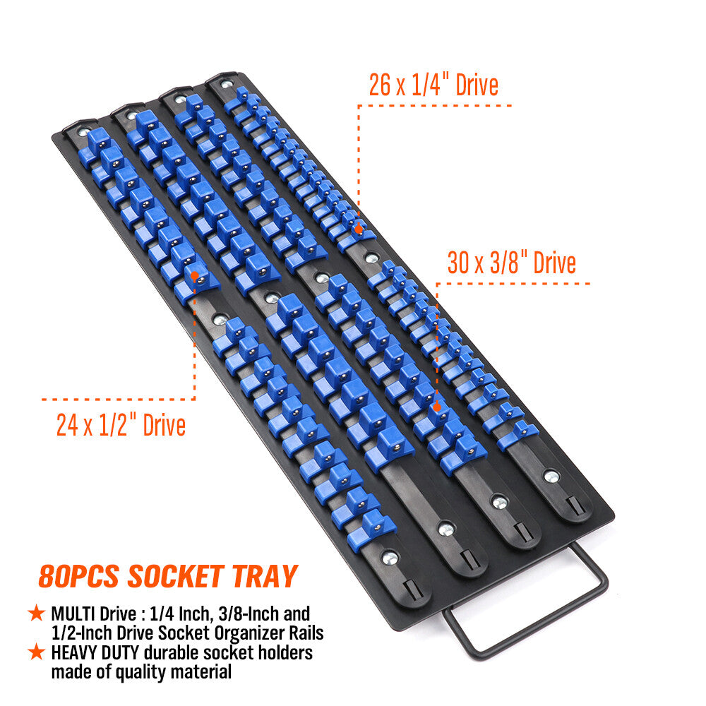 Heavy Duty Socket Organizer Rack – 80 Clip Holder for Tool Storage Tray Storage Rack Mountable 1/4 3/8 1/2 