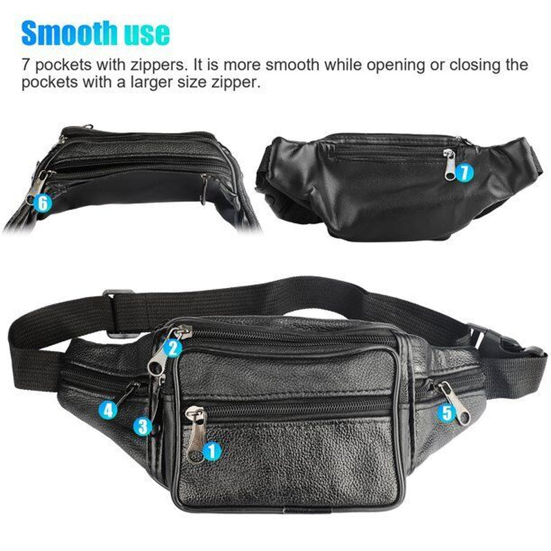 Genuine Leather Fanny Pack Multi Zippered Waist Bag Hip Belt Purse Black Pouch